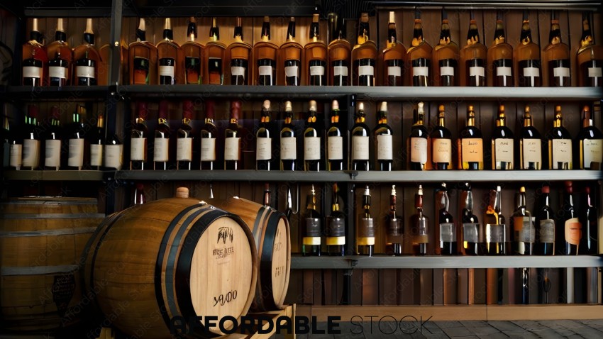 Wine Shop Interior with Bottles and Barrels