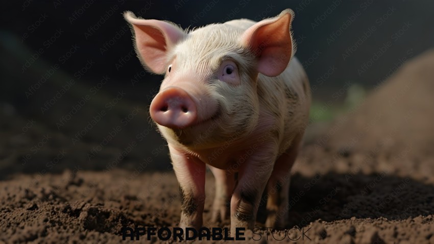 Cute Piglet Standing in Soil