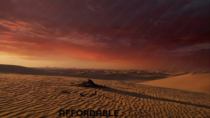A view of the desert at sunset with sand dunes.