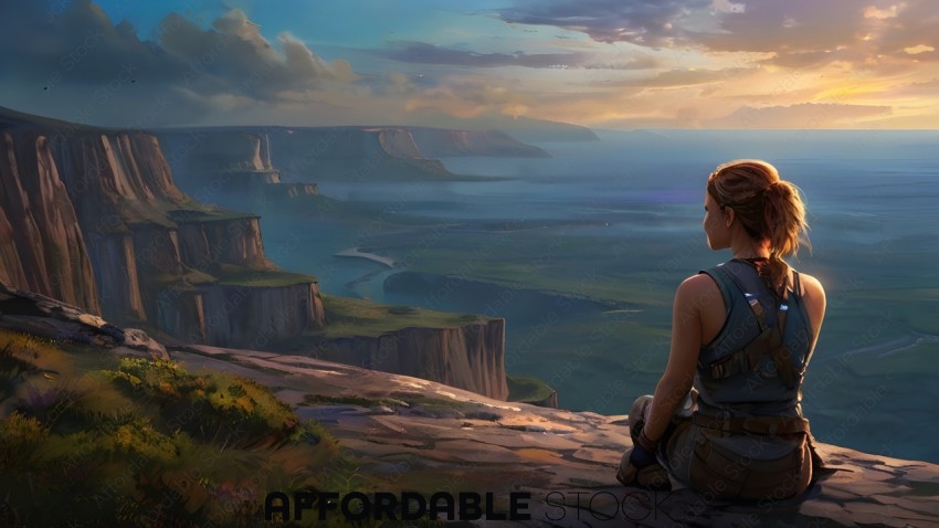 A person sits on a cliff overlooking a vast landscape