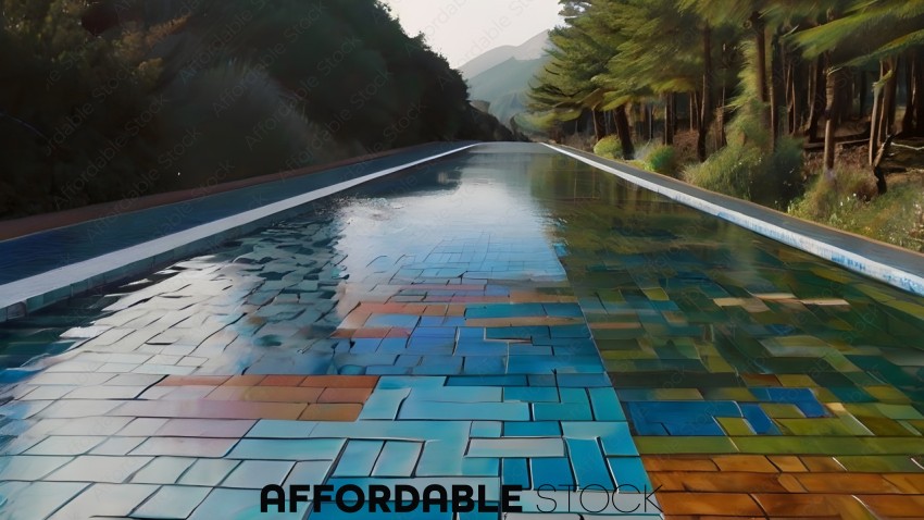 A colorful mosaic of a swimming pool with a mountain in the background