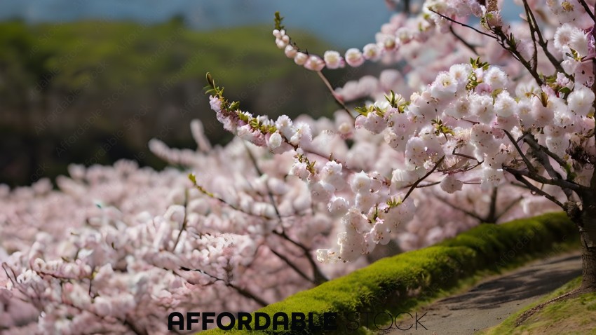 Cherry Blossom Tree with Pink Flowers and Green Moss