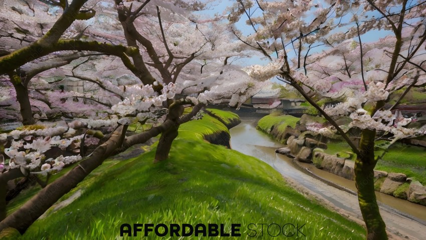Cherry Blossom Trees Along a Riverbank