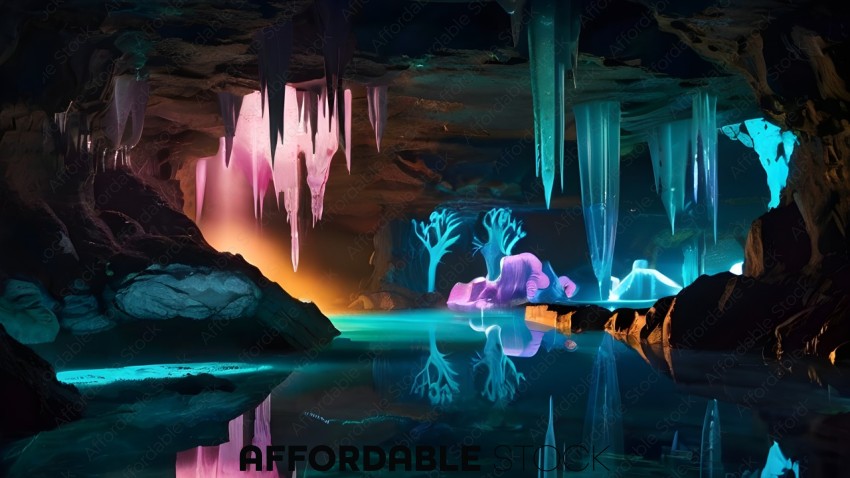 An underground cave with blue and pink lighting