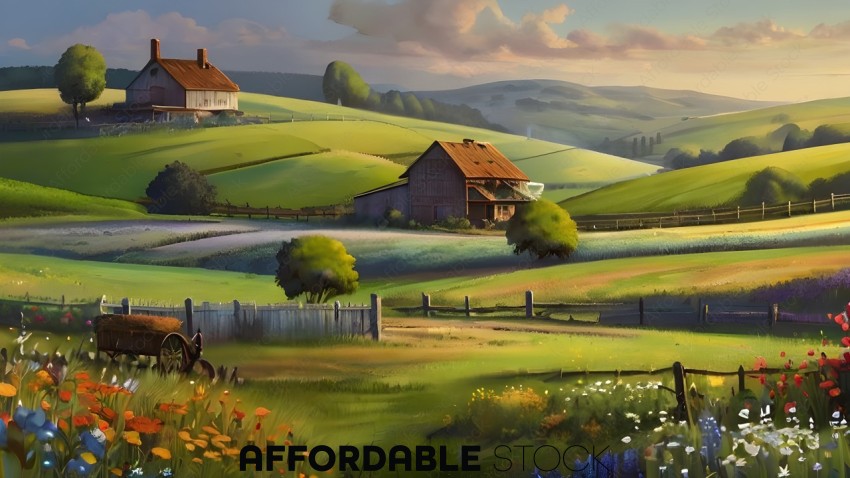 A painting of a farm with a fence and a barn