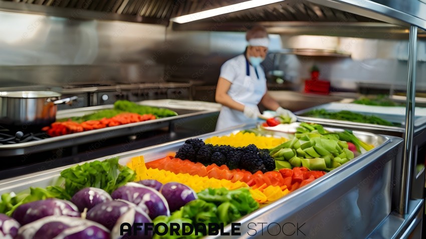 A chef prepares a colorful salad with a variety of vegetables