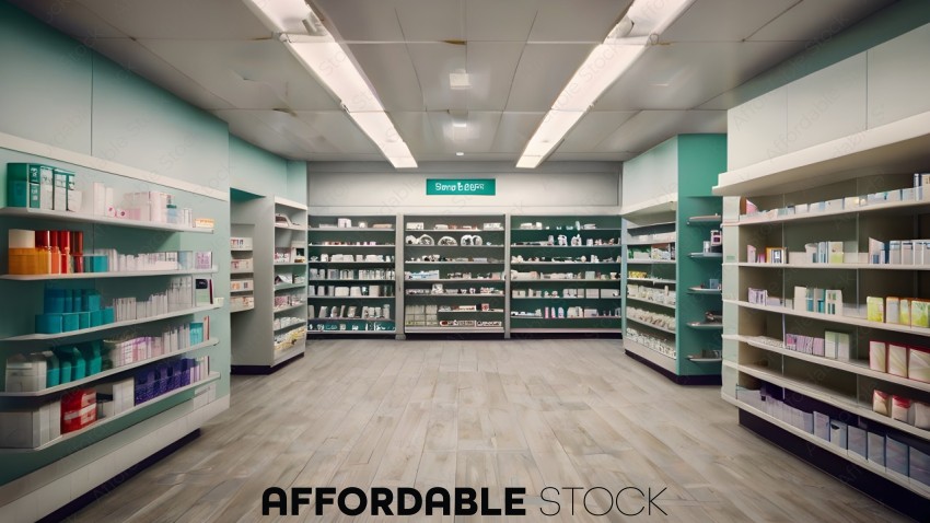Aisle of a pharmacy with shelves of medicine