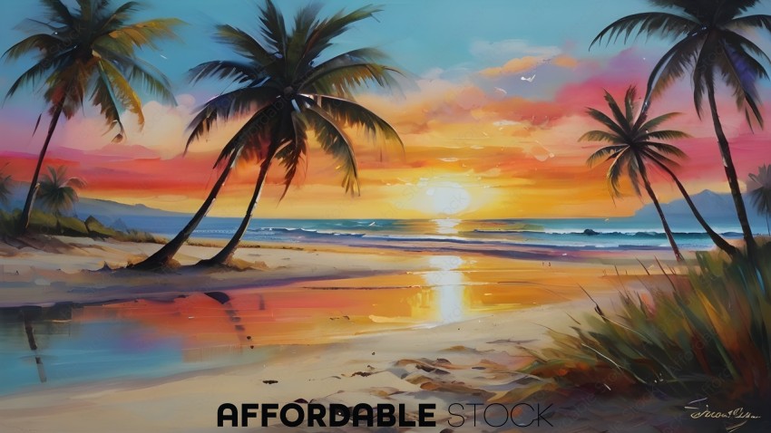 A beautiful beach scene with a sunset and palm trees