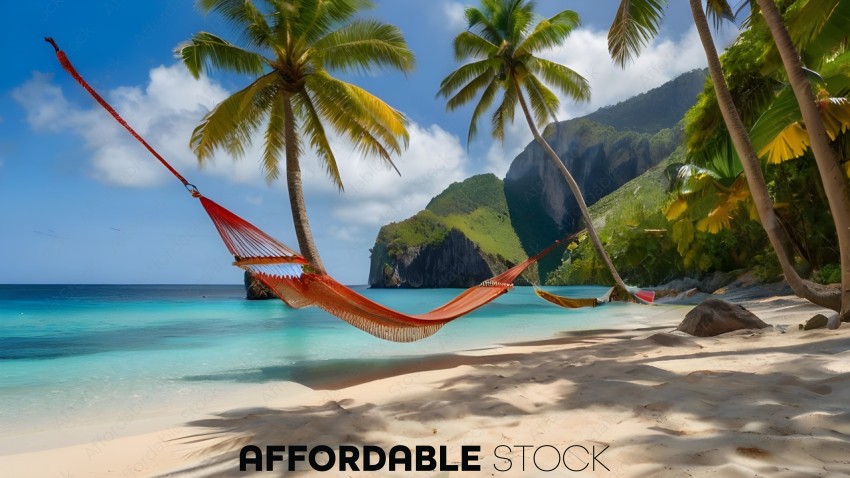 A hammock on a beach with a mountain in the background