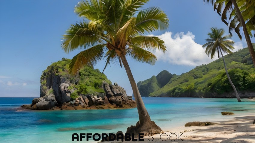 A palm tree on a beach with a blue ocean and a mountain in the background