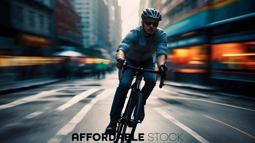 Man riding a bike on a busy street