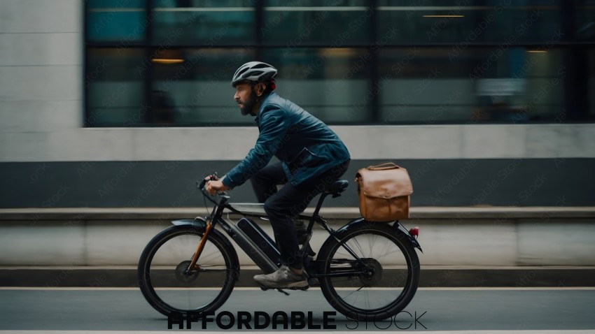 Man riding a bicycle with a bag on the back