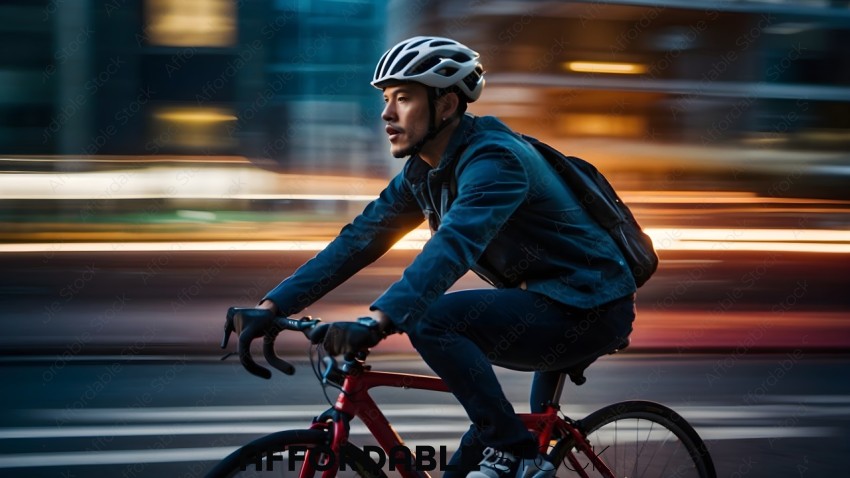 Man in Blue Jacket and Helmet Riding a Bicycle