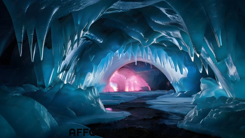 A blue ice cave with pink lights