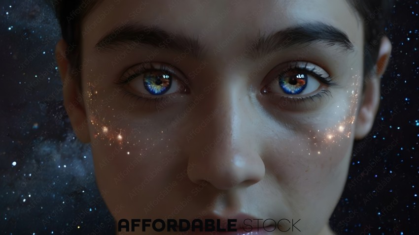 A young woman with blue eyes and a starry background