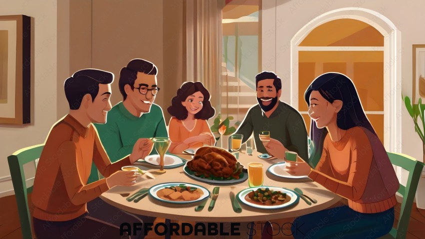 A family of four and one friend are sitting around a table enjoying a meal together