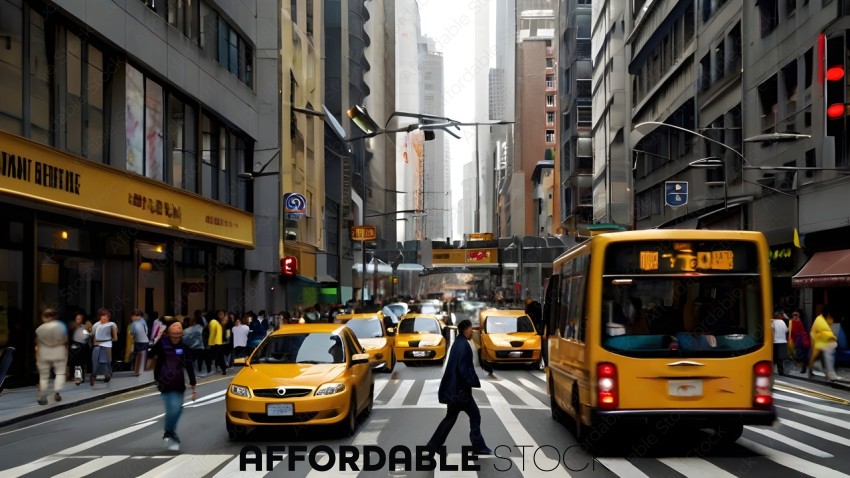 A busy city street with yellow taxis and a yellow bus