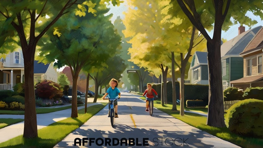 Two children riding bikes down a street