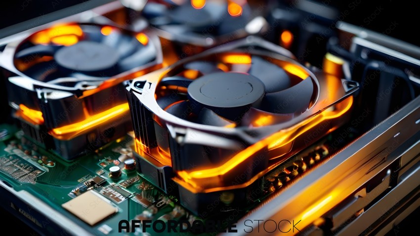 A close up of a computer fan with orange and yellow lights