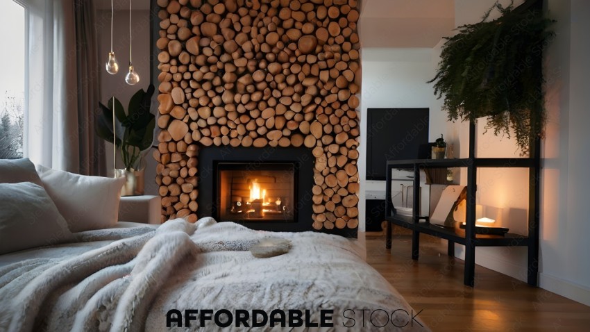 A cozy bedroom with a fireplace and a pile of logs