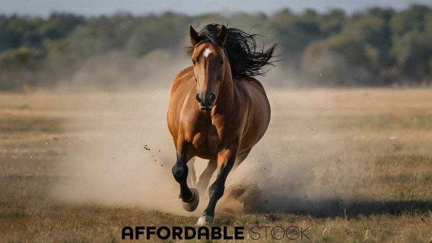 A brown horse running through the grass