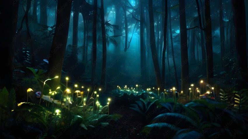 A pathway through a forest with glowing plants
