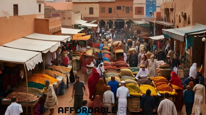 A crowded marketplace with people shopping and walking around