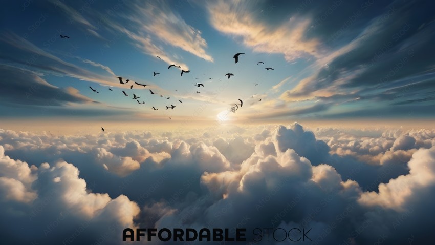 A flock of birds flying through a cloudy sky