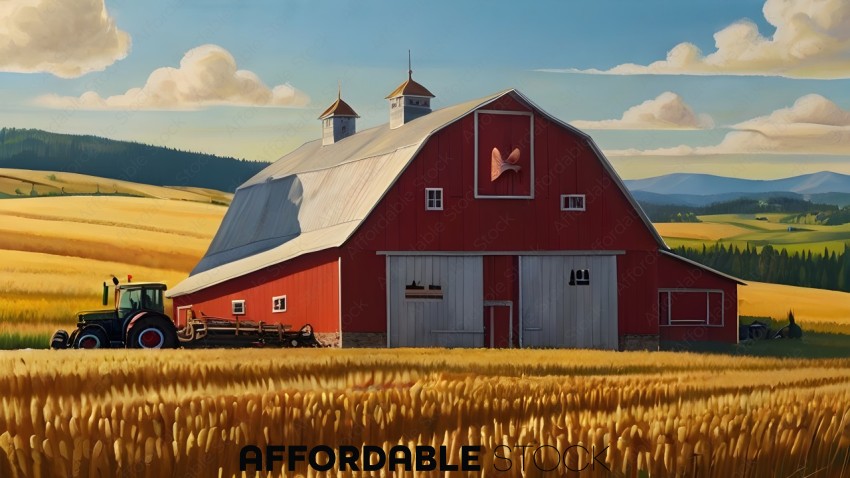 A painting of a red barn with a butterfly on the side