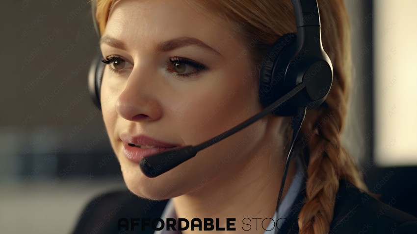 A blonde woman wearing a headset and a blue shirt