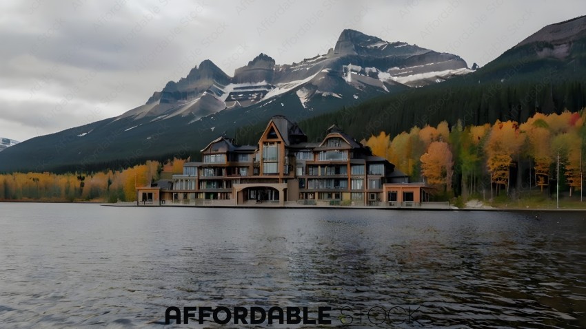 A large house on a lake with mountains in the background