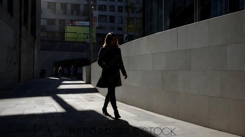 A woman in a black coat walks down a city street