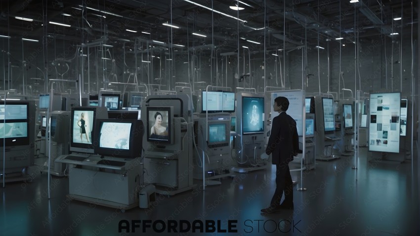 A man in a suit is standing in a room with many monitors