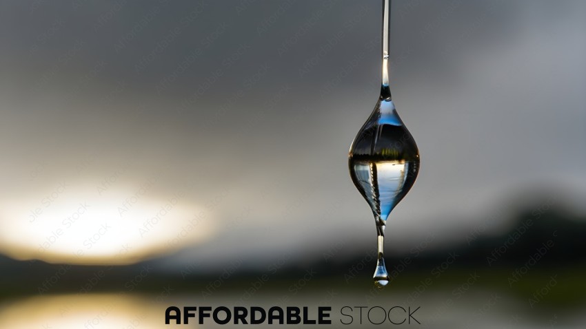 A single drop of water hanging from a string