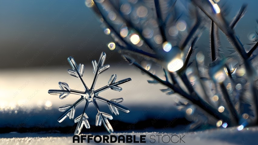 A clear glass snowflake on a snowy surface