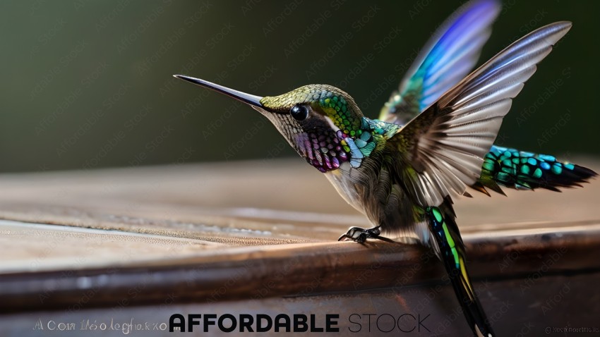 A colorful hummingbird perched on a wooden surface