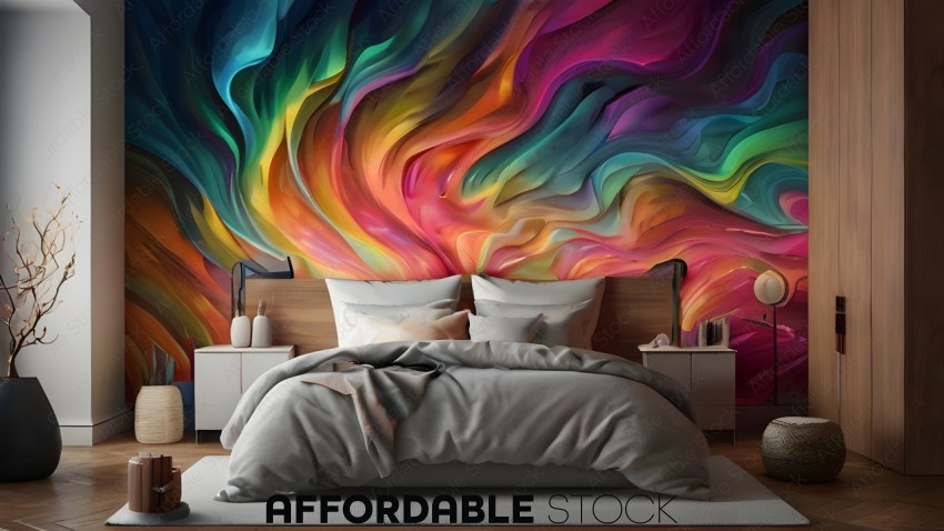 A bedroom with a colorful wall mural