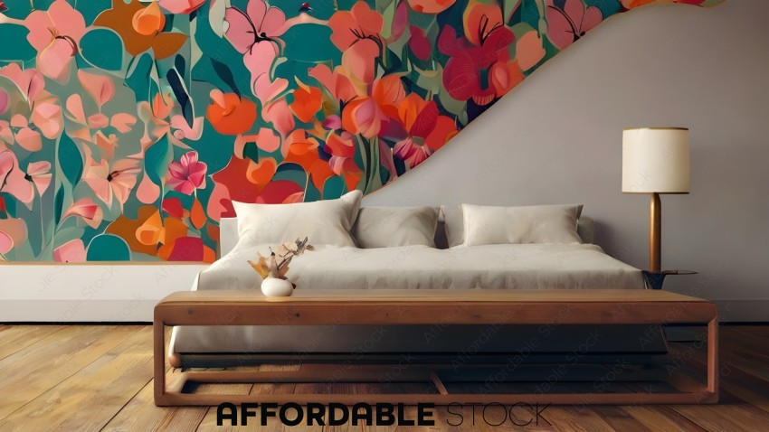 A bed with a wooden headboard and a colorful wallpaper with flowers