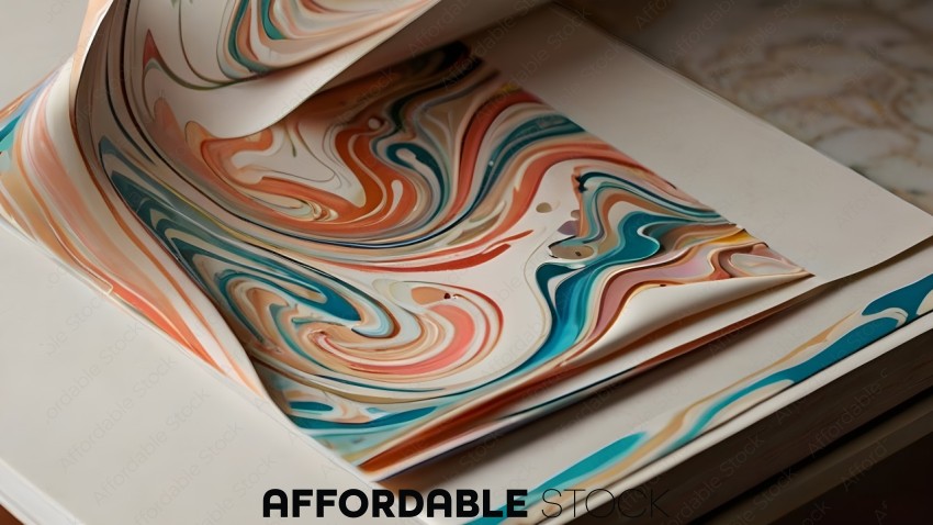 A book with a colorful, swirly design