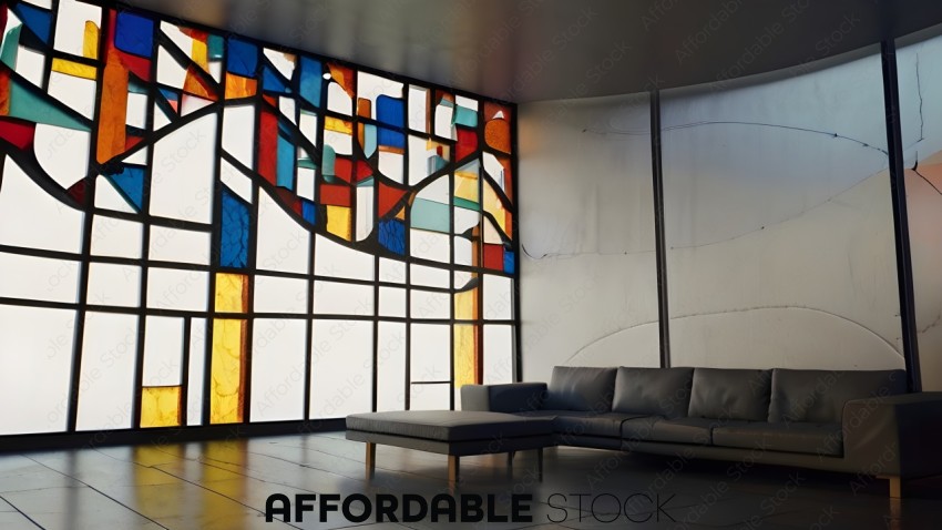 A modern couch in front of a stained glass window