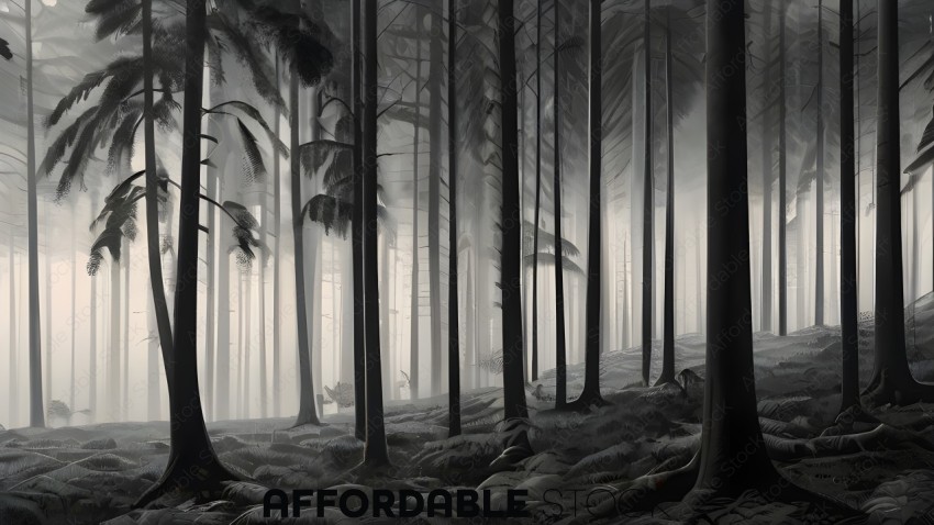 A forest scene with a misty atmosphere