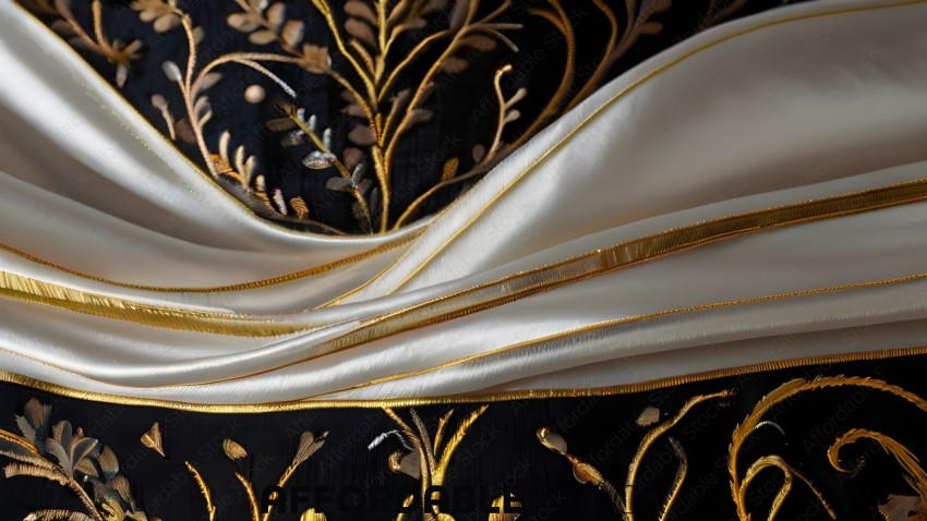 A gold and white fabric with a leaf pattern