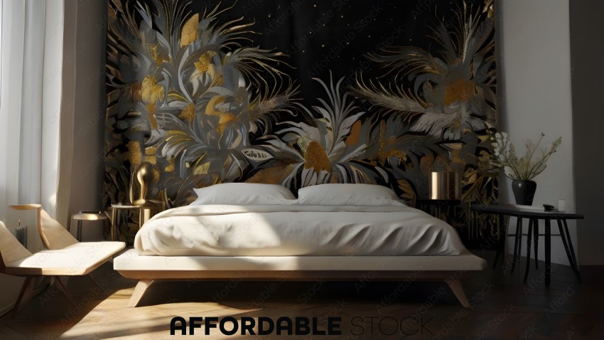 A bed with a gold and white bedspread