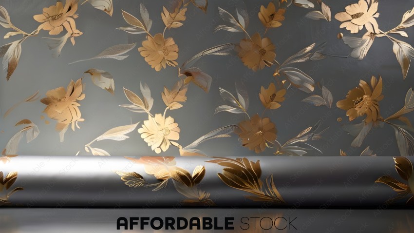 A gold and white floral design on a wall