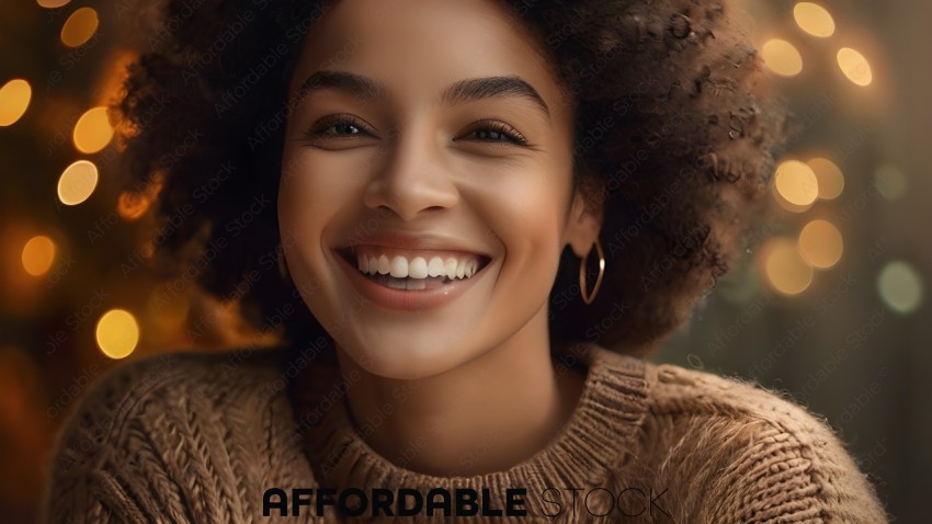 A smiling woman wearing a brown sweater
