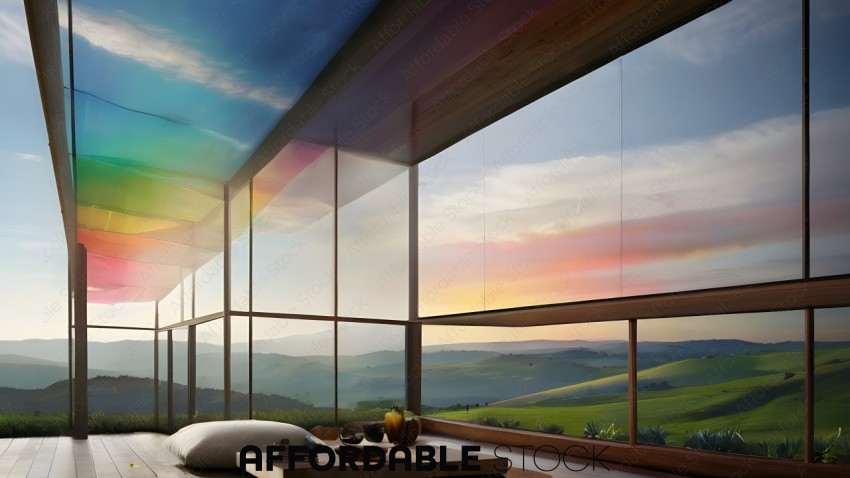 A view of a beautiful landscape through a large window
