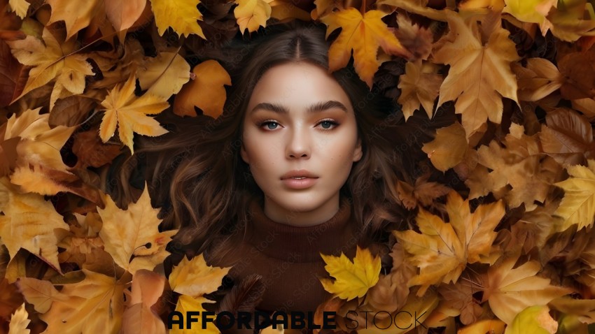 A woman with brown hair and brown sweater surrounded by leaves