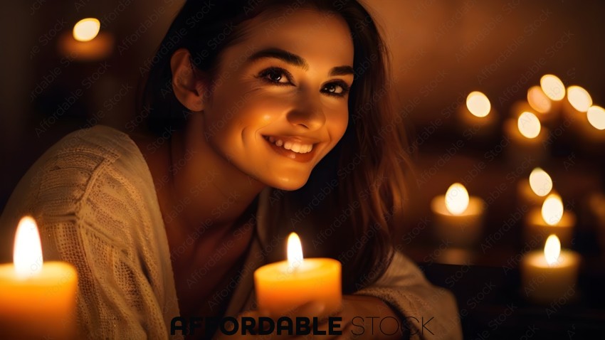 A woman smiling while holding a candle