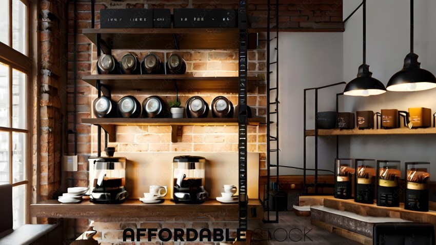 A coffee shop with a brick wall and shelves of coffee pots