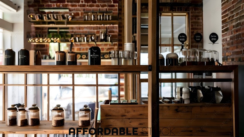 A view of a coffee shop with a shelf of coffee supplies